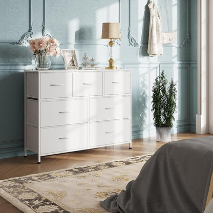 WLIVE 7 Drawer Dresser TV Stand, Dressers for Bedroom, Fabric Storage Tower, Hallway, Entryway, Closets, Sturdy Steel Frame, Wood Top, Easy Pull Handle, White