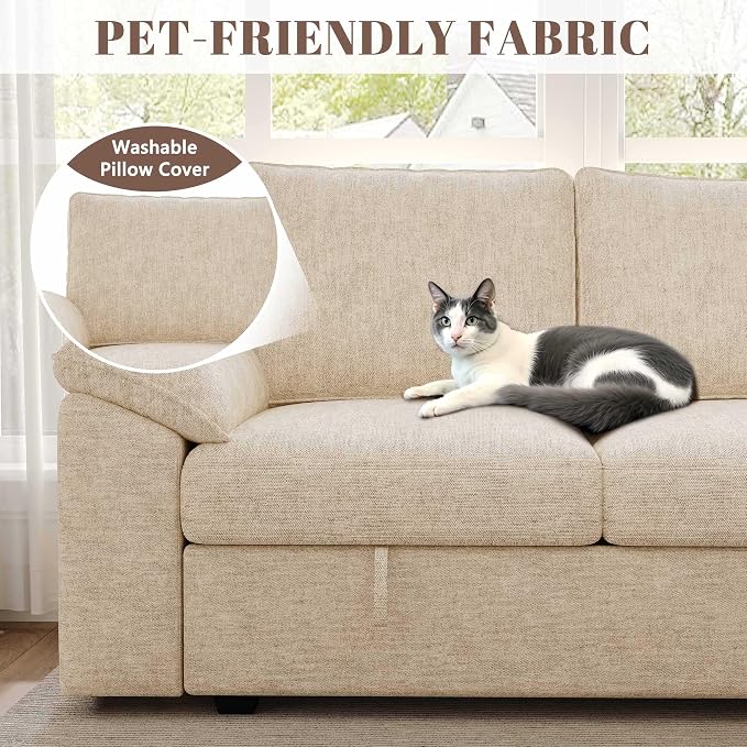 85 Inch Modular Sectional Sofa with Pull Out Bed, L Shaped 5 Seat Sectional Sleeper Sofa with Storage, Sectional Couches for Living Room, Cloud Modular Couch, Removable Sofa Cover, Beige