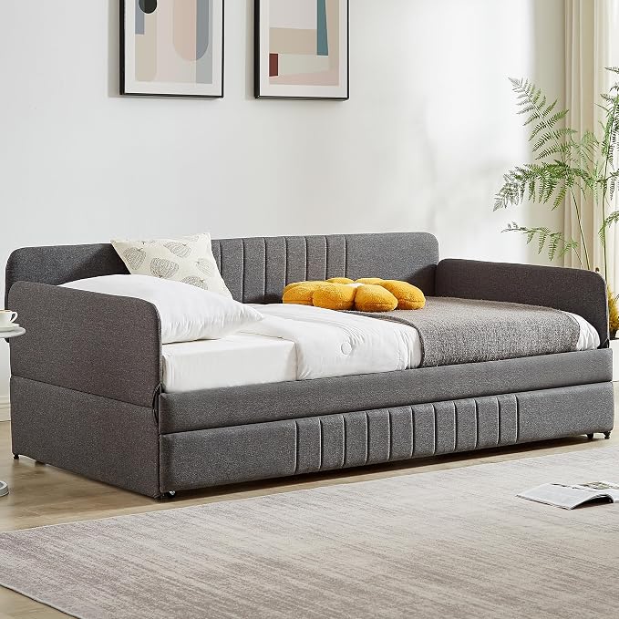 Twin Daybed with Trundle Bed Twin, Linen Upholstered Day Bed with Arm and Backrest, No Box Spring Needed Daybed, Twin Size Day Bed Gray