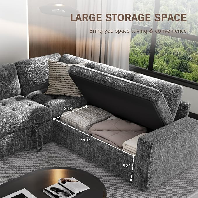 Sunny Heart 5-Seat Modular Sleeper Sofa with Pull-Out Bed & Storage, L-Shaped Chenille Sectional Couch, Reclining Backrest & USB Charging for Living Room,Guest Room Dark Grey