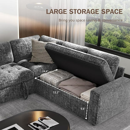 Sunny Heart 5-Seat Modular Sleeper Sofa with Pull-Out Bed & Storage, L-Shaped Chenille Sectional Couch, Reclining Backrest & USB Charging for Living Room,Guest Room Dark Grey