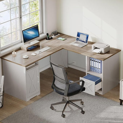 DWVO L Shaped Desk with File Drawer, 60" Corner Computer Desk with Power Outlets, Home Office Desk with Monitor Stand & Storage Shelves & File Cabinet, Grey Wash