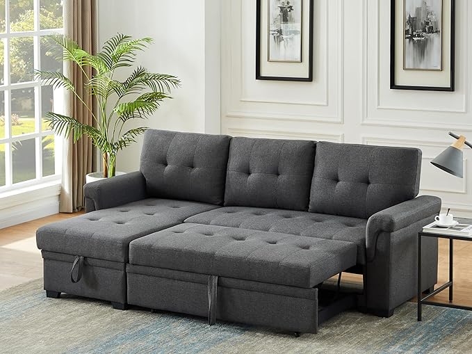 Lilola Home Convertible Sectional Sleeper Sofa Bed 84 Inch, L Shaped Couch with Pull Out Bed, Storage Chaise, Removable Back Cushions for Living Room, Office, Linen Fabric, Dark Gray