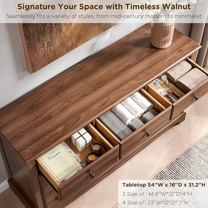 T4TREAM Farmhouse Dressers & Night Stand Set of 4, 54" Wide 7 Drawer Dresser & 48" Tall 6 Drawers Chests, 18" Wide 2 Drawers Side Table Set of 2, Furniture Dresser Sets for Home, Light Walnut