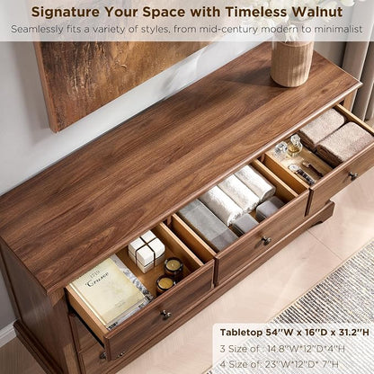 T4TREAM Farmhouse Dressers & Night Stand Set of 4, 54" Wide 7 Drawer Dresser & 48" Tall 6 Drawers Chests, 18" Wide 2 Drawers Side Table Set of 2, Furniture Dresser Sets for Home, Light Walnut