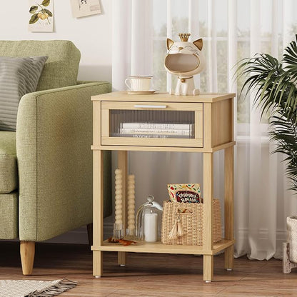 Nightstand Wooden Bedside Table with Drawer Natural Wood Night Stands Modern Style Small End Table Side Table with Storage Shelf for Bedroom Living Room MLBZ10YEV