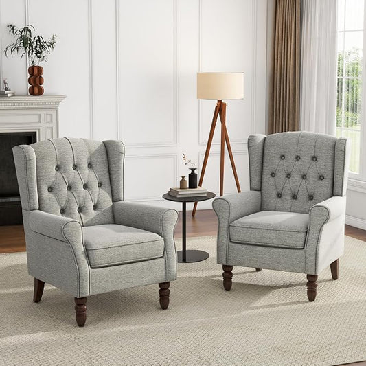 High Back Accent Chairs Set of 2, Upholstered Armchair in Fabric, Retro Wingback Arm Chair for Living Room, Comfy Single Sofa Bedroom Reading Seat with Solid Wood Legs - Light Gray