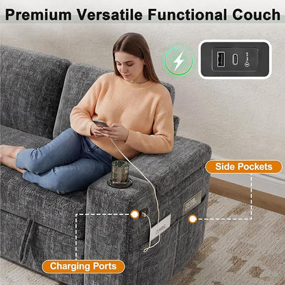 Vipbear Premium 111" Modular Sectional Sleeper Sofa, 7 Seat Sleeper Sofa with Pull Out Bed for Living Room, L Shaped Couch with Storage Chaise|USB Ports|Cup Holders|Storage Armrests|Side Table, Gray