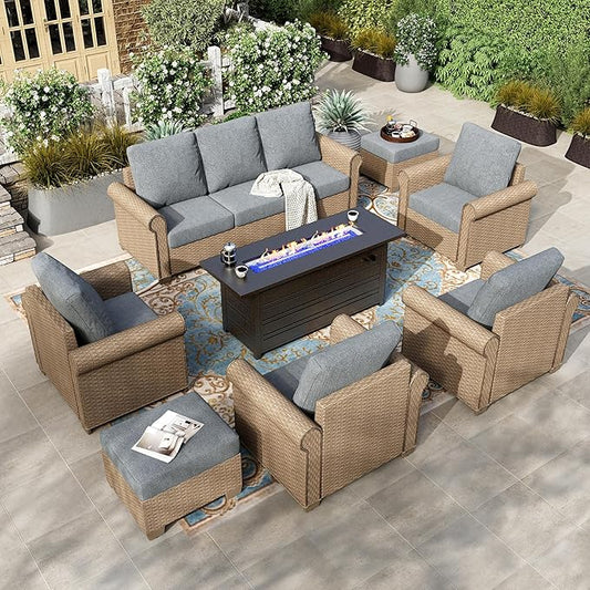 HERA'S HOUSE Patio Furniture Set, 4 x Cushioned Chairs, 3-Seat Sofa with Wood Grain Coffee Table, 5 Seats Luxury Windsor Style All Weahter Outdoor Sofa Conversation Set for Deck Lawn Backyard