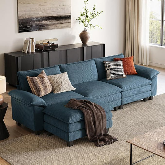 LINSY HOME 123'' Modular Sectional Sofa 3 Seat Couch Corduroy Cloud Couch with Deep Seat, Modern L-Shaped Cloud Couch with 1 Movable Ottoman for Living Room, Office, Bedroom, Blue