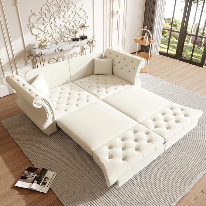 83.8" Oversized Pull Out Sofa Bed, Chesterfield Velvet Sleeper Sofa Couch with Roll Arm & Flower Tufting, Heavy Duty Metal Frame Convertible Sofa for Living Room, Apartment, Guest Room, Beige