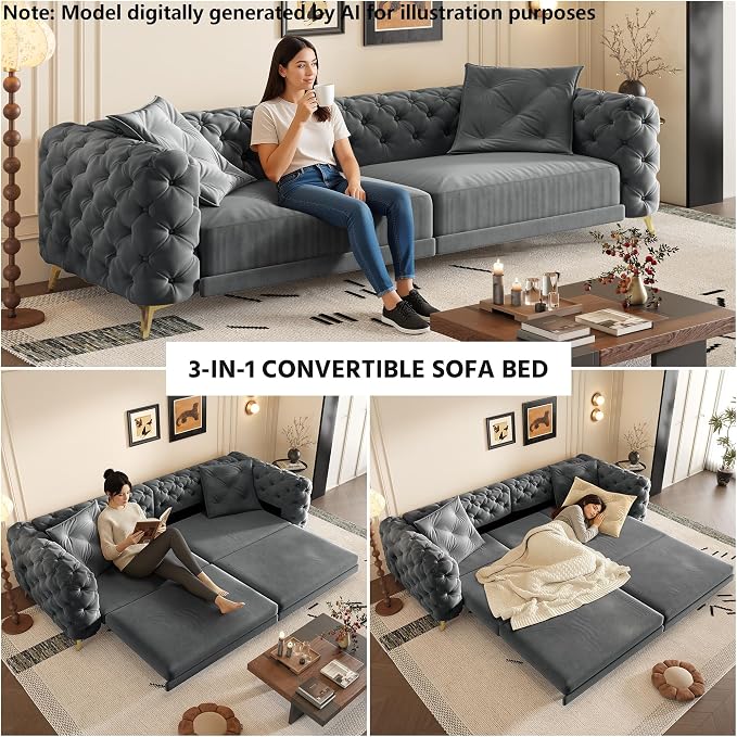 97.7'' Pull Out Sofa Bed King, Chesterfield Velvet Sleeper Sofa, Convertible L-Shaped Futon Couch, Tufted Back, Ottoman, Deep Seat Loveseat Couches for Living Room, Apartment, Dark Gray