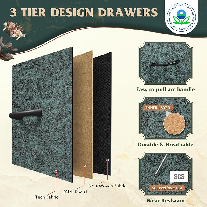 WLIVE Dresser for Bedroom with 5 Drawers, Wide Chest of Drawers, Fabric Dresser, Storage Organizer Unit with Fabric Bins for Closet, Living Room, Hallway, Vintage Green