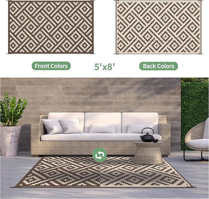 GENIMO 5'x8' Outdoor Rug Waterproof, Reversible Mats, Outdoor Area Rug, Plastic Outside Carpet, Geometric Rv Mat for Patio Camping Rv Picnic Backyard Deck Balcony Porch Beach Trailer (Coffee&Beige)