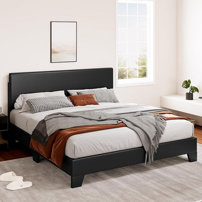 SHA CERLIN PU Leather Upholstered Queen Size Bed Frame with Headboard,Black | Adjustable Low-Profile Platform Bed, Minimalist Design, Stable Mattress Foundation, Strong Back-Support, No Box Spring Needed