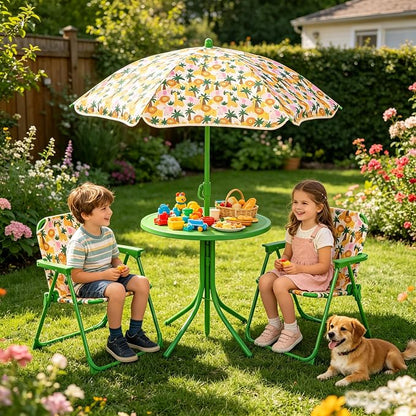 HONEY JOY Kids Picnic Table, Animal Themed Toddler Outdoor Table and Chair Set, 2 Folding Chairs & Removable Umbrella, Children Outdoor Furniture for Backyard Patio Garden (Green Lion)