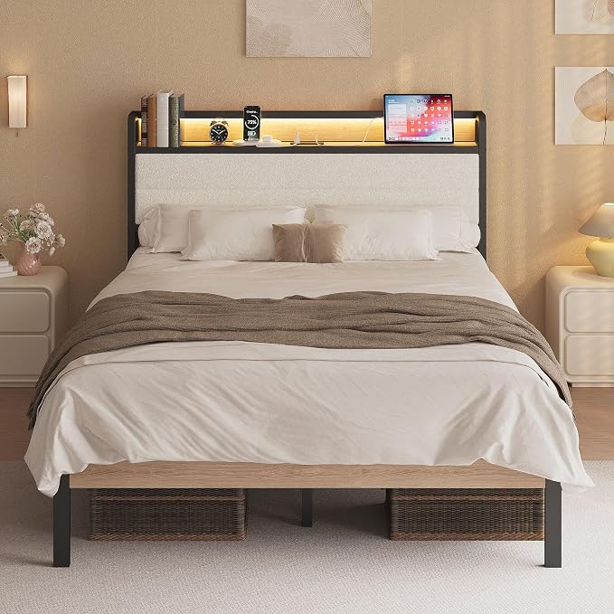 LIKIMIO Full Bed Frame with Storage Headboard and LED Lights, Metal Platform Bed with Charging Station, Noise Free, No Box Spring Needed, Under Bed Storage, Natural and Cream