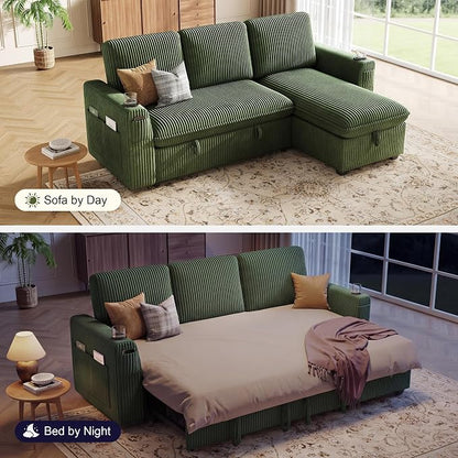Sectional Sleeper Sofa with Pull Out Bed, Plush Corduroy Sectional Sofa with Storage Chaise and Adjustable Backrest, Cloud Sectional Couches for Living Room, Apartment, Green