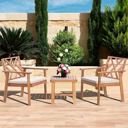 Werph 3-Piece Acacia Wood Outdoor Patio Furniture Set | Conversation Set with Padded Cushion Chairs and Coffee Table, for Porch Balcony Deck Backyard
