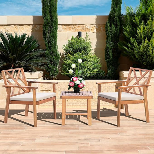 Werph 3-Piece Acacia Wood Outdoor Patio Furniture Set | Conversation Set with Padded Cushion Chairs and Coffee Table, for Porch Balcony Deck Backyard