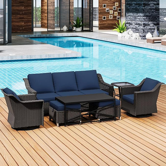 7 Pieces Outdoor Conversation Furniture Set - 77" Patio Sofa, 2 Swivel Rocker Chairs, 2 Ottomans, 1 Side Table, 1 Metal Table, Wicker Couch with Washable Cushions for Balcony (Navy Blue)