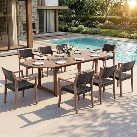 Sophia & William Patio Outdoor Table and Chairs Set, Patio Dining Sets for 8, 9 Pieces Patio Table Set Acacia Wood Table Expandable and Rattan Chairs for Backyard Deck Porch Outside