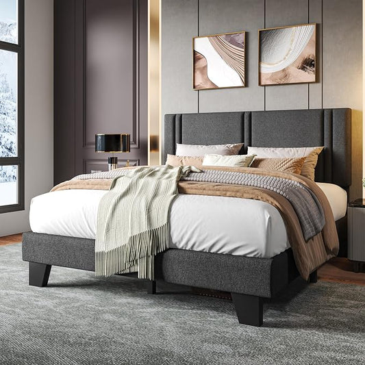 Einhomn Upholstered Full Size Bed Frame with Linen Fabric Headboard, Strong Wooden Slats Support, Noise Free, No Box Spring Needed, Dark Grey