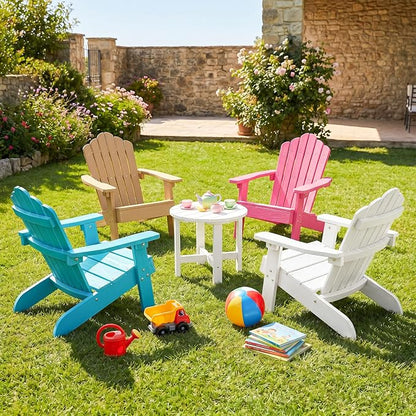 Costzon Kids Adirondack Chair, All-Weather HIPS Toddler Outdoor Chair, Wooden Textured Plastic Fire Pit Chair, Kids Patio Chair for Backyard Lawn Garden, Fits Children Age 3-7 Years (2, White)