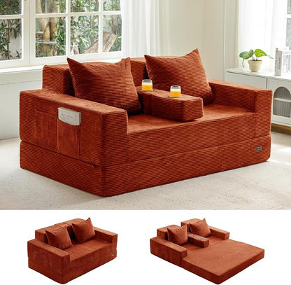 MAXYOYO Loveseat Sofa Bed, 64" Foldable Floor Sofa Couch in A Box with 2 Cup Holders, 4 in 1 Convertible Boneless Couch Folding Recliner Chair for Living Room, No Assembly Required, Orange