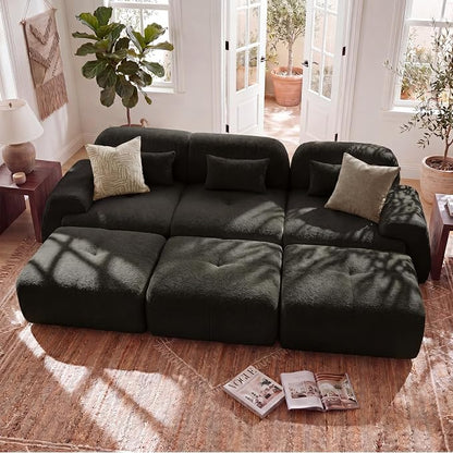 118'' Modular Sectional Cloud Couch Boneless Couches, Oversize Curved Sectional Couches for Living Room, Deep Seat Couch Lambswool Sofa with Ottoman & Throw Pillows, No Assembly, HR Foam