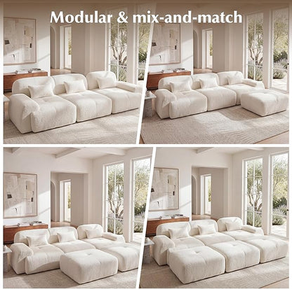 118'' Modular Sectional Cloud Couch Boneless Couches, Oversize Curved Sectional Couches for Living Room, Deep Seat Couch Lambswool Sofa with Ottoman & Throw Pillows, No Assembly, HR Foam