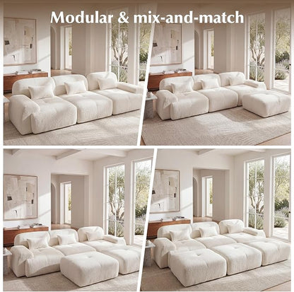 118'' Modular Sectional Cloud Couch Boneless Couches, Oversize Curved Sectional Couches for Living Room, Deep Seat Couch Lambswool Sofa with Ottoman & Throw Pillows, No Assembly, HR Foam