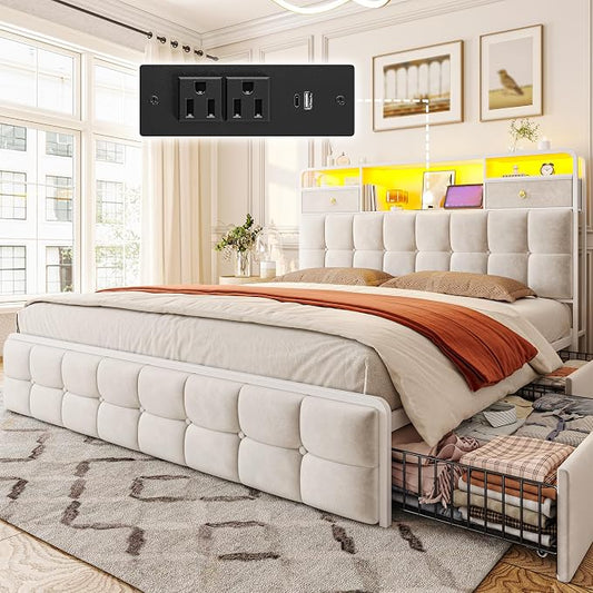 EnHomee Full Size Bed Frame with Velvet Upholstered Headboard and 6 Storage Drawers,Modern Bed Frame Full with LED Lights and Charging Station,No Box Spring Needed,Noise-Free, Easy Assembly,Beige