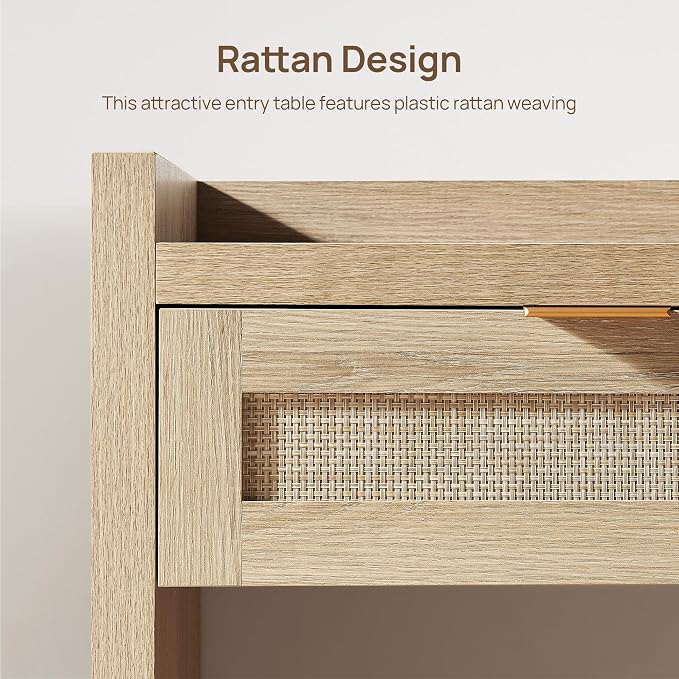 SICOTAS Rattan Console Table for Entryway - Large Boho TV Console Table Entry Table with 3 Storage Drawers, 60" Long Sofa Table Behind Couch for Living Room, Hallway, Foyer