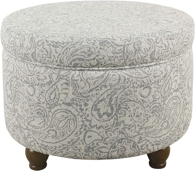 Homepop Home Decor | Upholstered Round Storage Ottoman | Ottoman with Storage for Living Room & Bedroom, Gray Floral