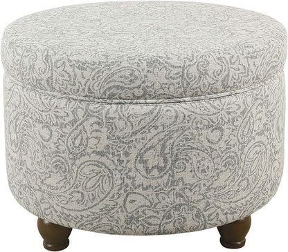 Homepop Home Decor | Upholstered Round Storage Ottoman | Ottoman with Storage for Living Room & Bedroom, Gray Floral