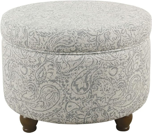 Homepop Home Decor | Upholstered Round Storage Ottoman | Ottoman with Storage for Living Room & Bedroom, Gray Floral