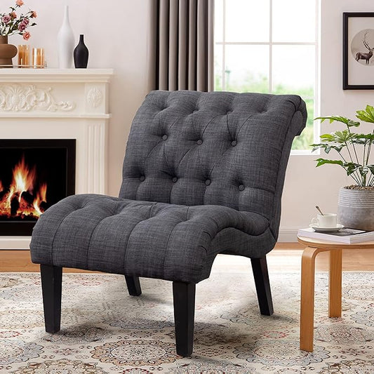 Tufted Upholstered Accent Chair for Living Room Bedroom Lounge Chair Armless Linen Slipper Chair with Wood Legs Gray