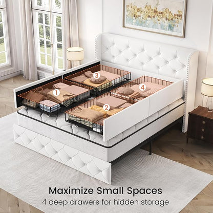 LARMACE Full Size Bed Frame with 4 Storage Drawers and 47.2" Tall Wingback Headboard Velvet Upholstered Platform Bed Frame Tufted Beds with Wooden Slats Support, Easy Assembly, White