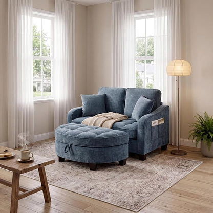 ERYE Chenille Tufted Loveseat Sofa and Ottoman Set, Tufted Recliner Sleeper Chaise Lounge with Curved Storage Ottoman,Reclining Backrest and Side Pockets, 4 Pillows