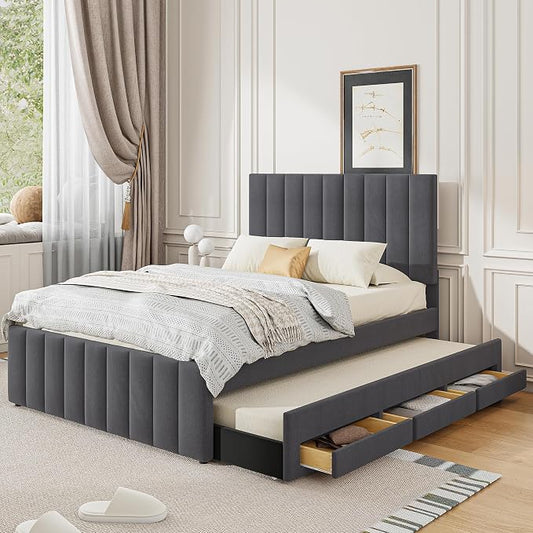 Bellemave Full Size Bed Frame with Twin Trundle Bed and Storage Drawers,Linen Upholstered Bed Frame,Full Size Trundle Bed with Adjustable Headboard for Kids Teens Adults,Gray