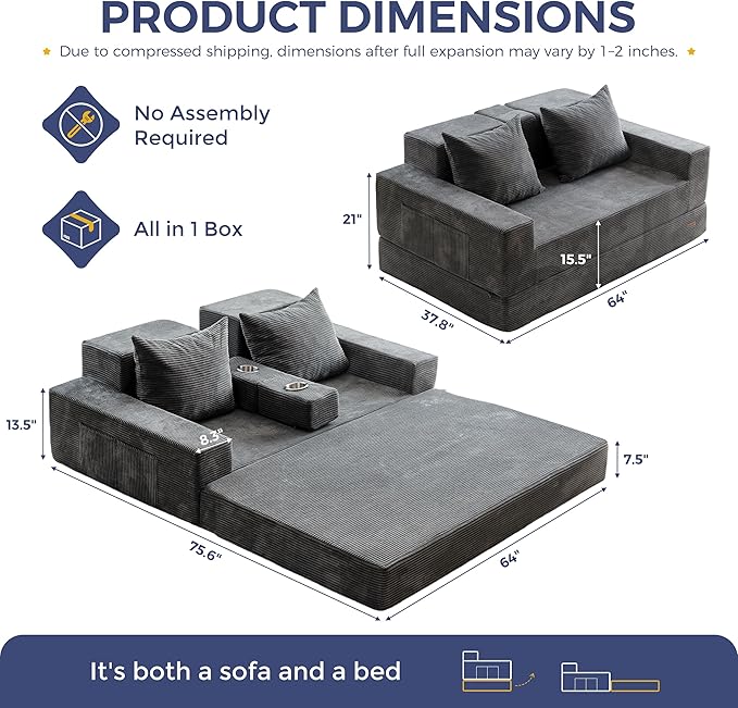 MAXYOYO Loveseat Sofa Bed, 64" Foldable Floor Sofa Couch in A Box with 2 Cup Holders, 4 in 1 Convertible Boneless Couch Folding Recliner Chair for Living Room, Grey