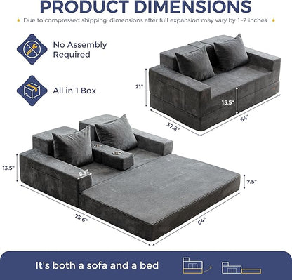 MAXYOYO Loveseat Sofa Bed, 64" Foldable Floor Sofa Couch in A Box with 2 Cup Holders, 4 in 1 Convertible Boneless Couch Folding Recliner Chair for Living Room, Grey