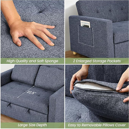 SEJOV Convertible Sofa Bed, 3-in-1 Sleeper Sofa Pull Out Couch Bed, 2-Seater Linen Fabric Loveseat Futon with Spring Support, Adjustable Backrest for Small Spaces, Living Room, Navy Blue