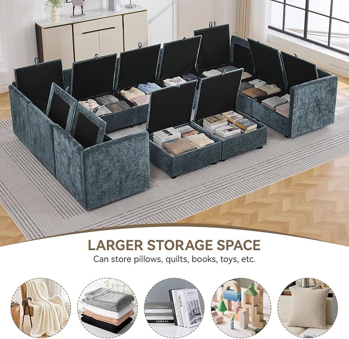 130" Blue Oversized Modular Storage Sofa, U Shaped Chenille Cloud Couch | Oversized Convertible Sectional Sofa, 9-Seat Sectional Couch With 2 Ottomans, Large Cloud Couch For Living Room, Apartment.