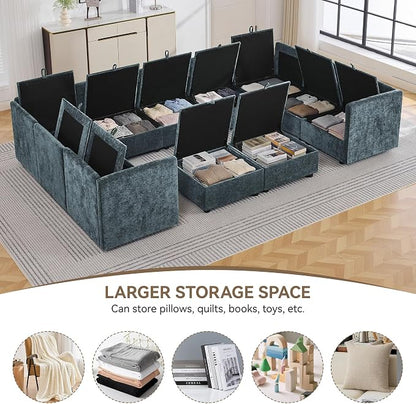 130" Blue Oversized Modular Storage Sofa, U Shaped Chenille Cloud Couch | Oversized Convertible Sectional Sofa, 9-Seat Sectional Couch With 2 Ottomans, Large Cloud Couch For Living Room, Apartment.