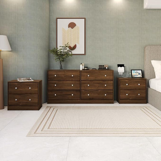 HOME DESIGN Altoona 3-Piece Bedroom Set with Dresser and Two Nightstands, Brown