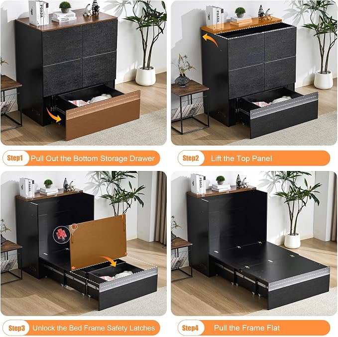 VINGLI Twin Size Murphy Bed with LED Lights, Storage Drawer & Built-in Charging Station, Space-Saving Cabinet Bed for Kids,Adults & Guests,Classic Black