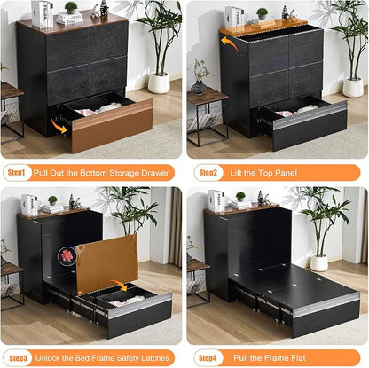 VINGLI Twin Size Murphy Bed with LED Lights, Storage Drawer & Built-in Charging Station, Space-Saving Cabinet Bed for Kids,Adults & Guests,Classic Black