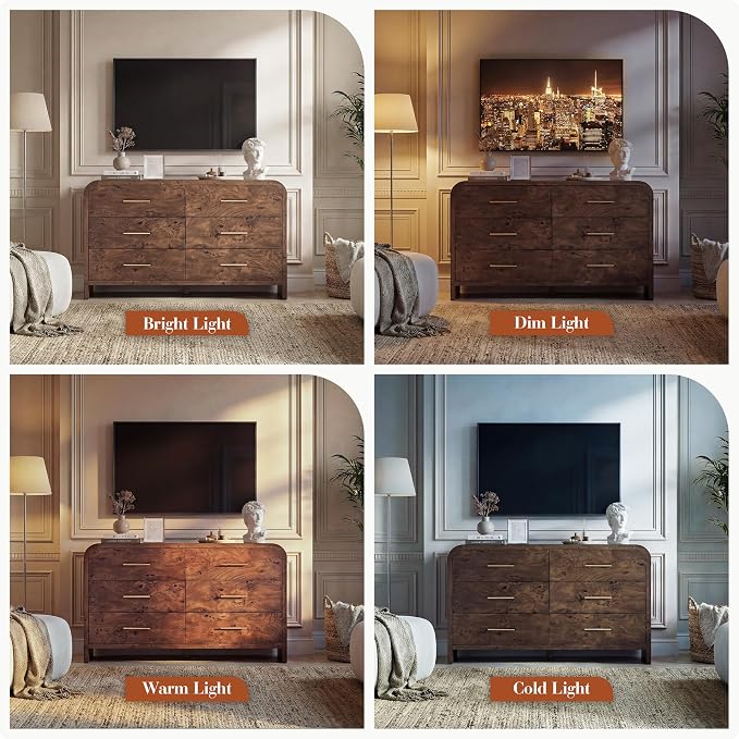 Curved 6-Drawer Dresser for Bedroom, 54" Wide Modern Chest of Drawers, Vanity Desk TV Stand for Living Room, Closet Storage Drawers Organizer Furniture, Nursery, Dark Burl